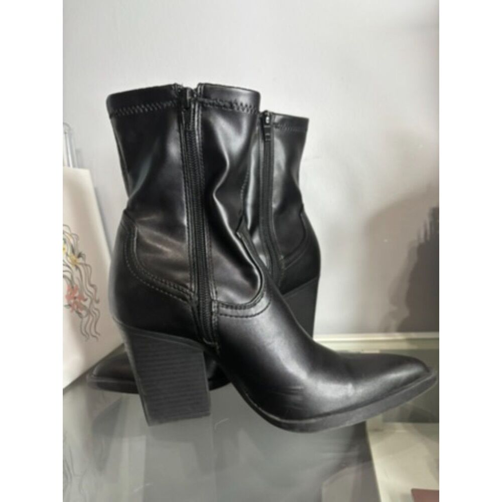 Black Faux Leather Block Heel Ankle Boots - Picture 2 of 5